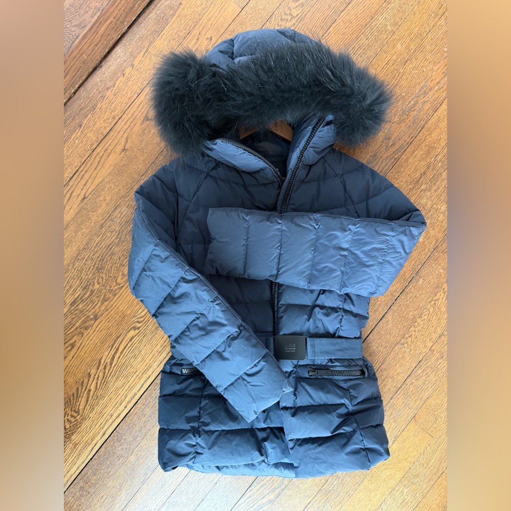 ADD Down Women's Navy Puffer Jacket with Black Fur Trim US Size 4